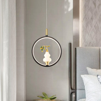 Lustre à LED en forme de gourde en alliage de zinc, cuivre, marbre et traditionnel chinois rond elliptique pour salle à manger 