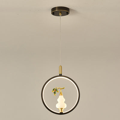 Lustre à LED en forme de gourde en alliage de zinc, cuivre, marbre et traditionnel chinois rond elliptique pour salle à manger 