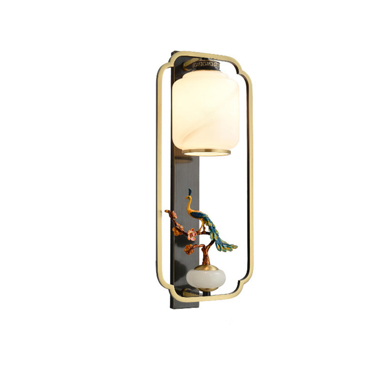 Traditional Chinese Copper Jade Glass Zinc Alloy Rectangular Cylinder Deer Plum Peacock 1-Light Wall Sconce Lamp For Hallway