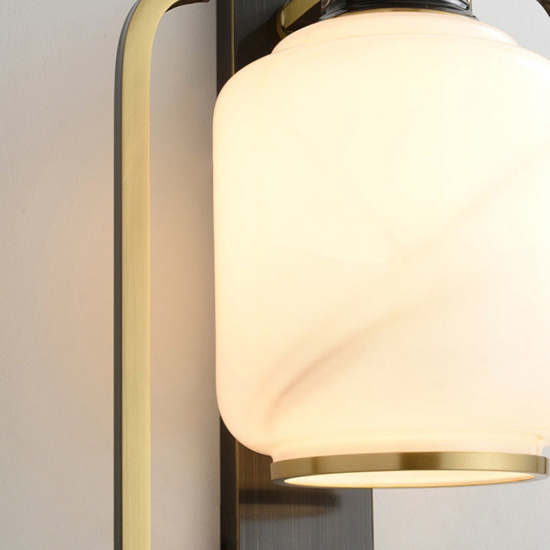 Traditional Chinese Copper Jade Glass Zinc Alloy Rectangular Cylinder Deer Plum Peacock 1-Light Wall Sconce Lamp For Hallway