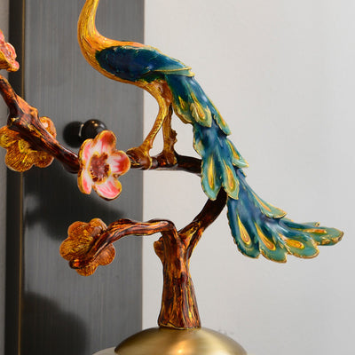 Traditional Chinese Copper Jade Glass Zinc Alloy Rectangular Cylinder Deer Plum Peacock 1-Light Wall Sconce Lamp For Hallway