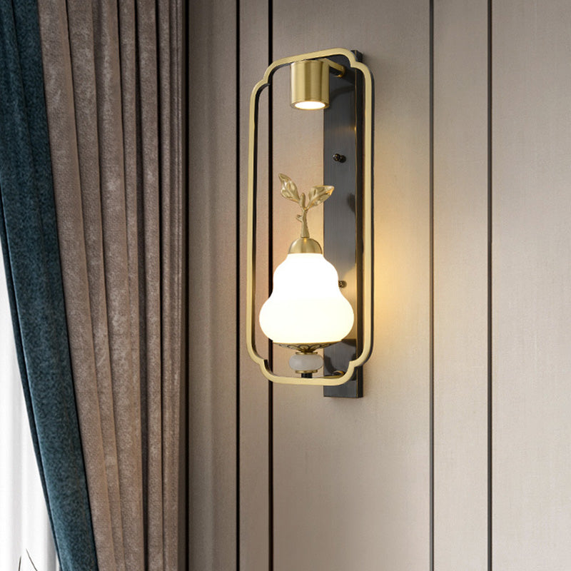 Traditional Chinese Copper Jade Glass Zinc Alloy Rectangular Cylinder Deer Plum Peacock 1-Light Wall Sconce Lamp For Hallway