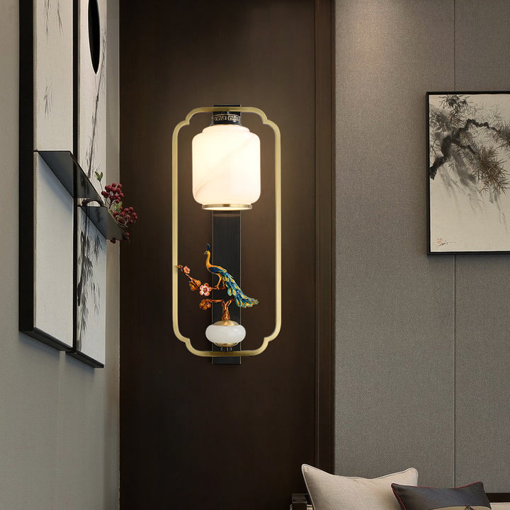 Traditional Chinese Copper Jade Glass Zinc Alloy Rectangular Cylinder Deer Plum Peacock 1-Light Wall Sconce Lamp For Hallway