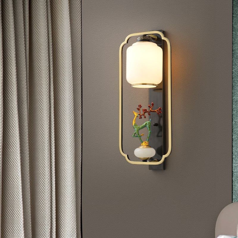 Traditional Chinese Copper Jade Glass Zinc Alloy Rectangular Cylinder Deer Plum Peacock 1-Light Wall Sconce Lamp For Hallway