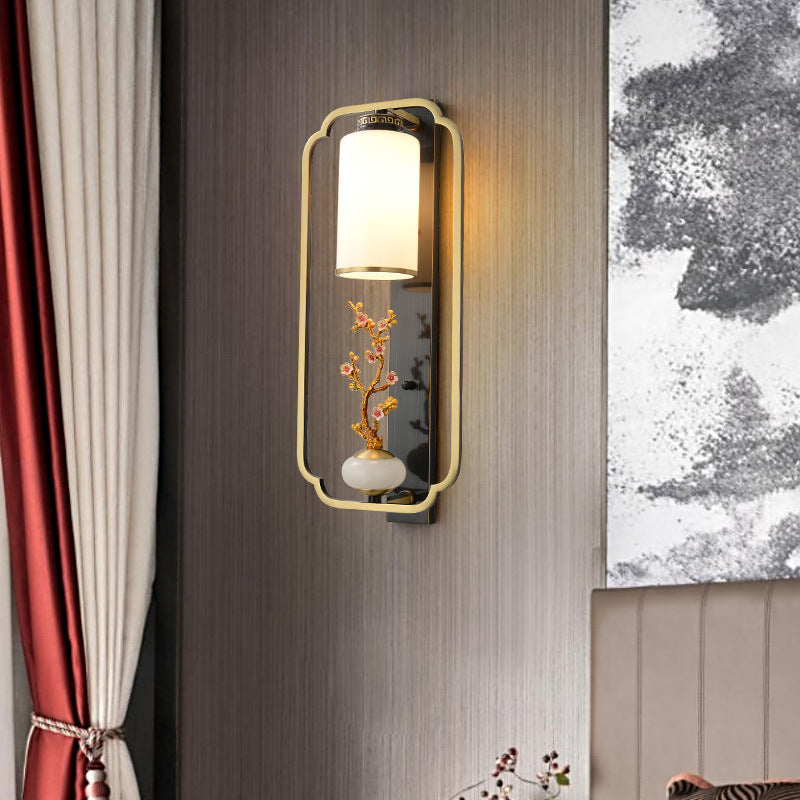 Traditional Chinese Copper Jade Glass Zinc Alloy Rectangular Cylinder Deer Plum Peacock 1-Light Wall Sconce Lamp For Hallway