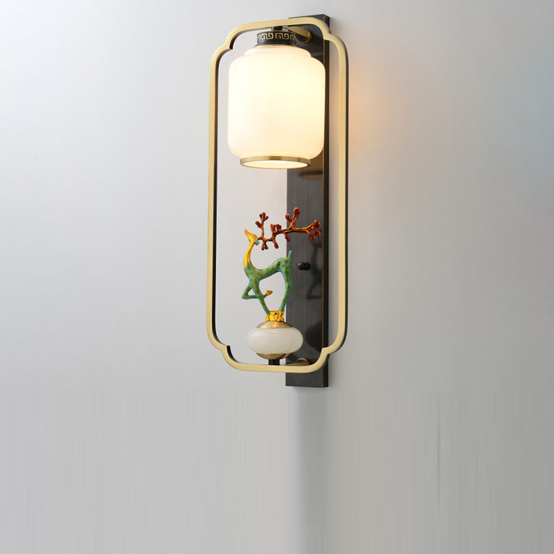 Traditional Chinese Copper Jade Glass Zinc Alloy Rectangular Cylinder Deer Plum Peacock 1-Light Wall Sconce Lamp For Hallway