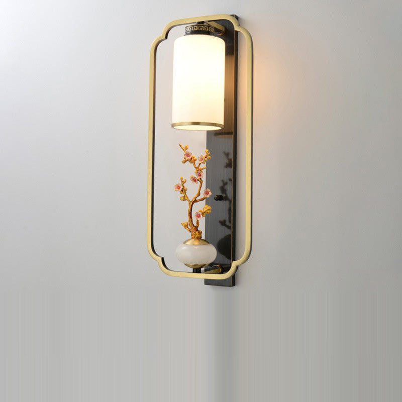 Traditional Chinese Copper Jade Glass Zinc Alloy Rectangular Cylinder Deer Plum Peacock 1-Light Wall Sconce Lamp For Hallway