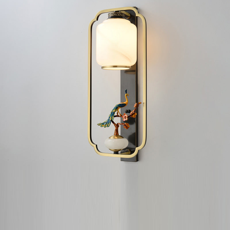 Traditional Chinese Copper Jade Glass Zinc Alloy Rectangular Cylinder Deer Plum Peacock 1-Light Wall Sconce Lamp For Hallway