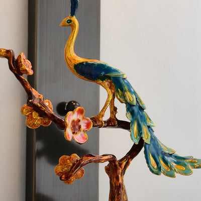 Traditional Chinese Copper Jade Glass Zinc Alloy Rectangular Cylinder Deer Plum Peacock 1-Light Wall Sconce Lamp For Hallway