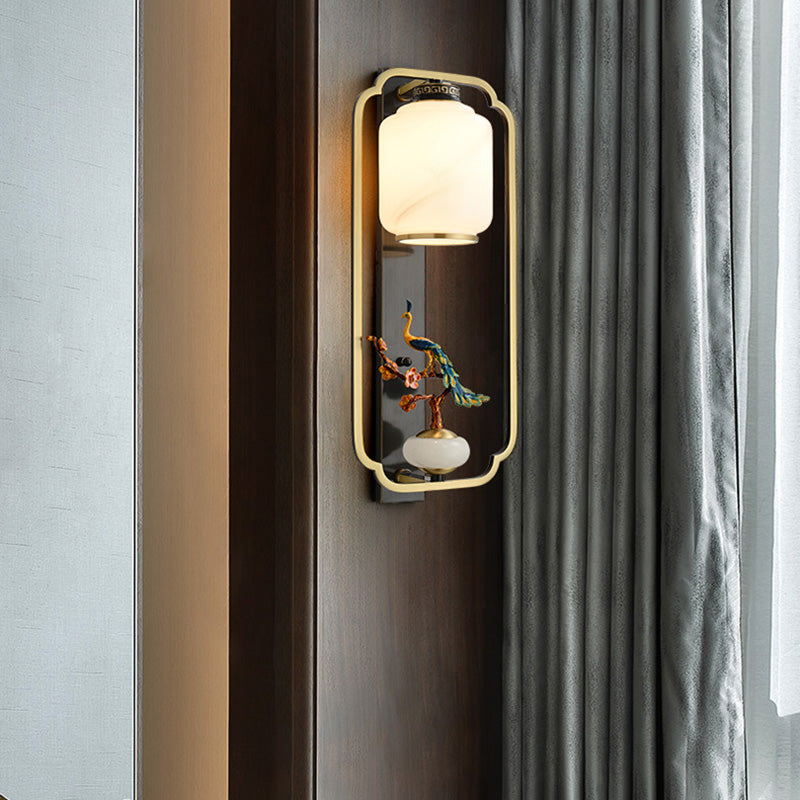 Traditional Chinese Copper Jade Glass Zinc Alloy Rectangular Cylinder Deer Plum Peacock 1-Light Wall Sconce Lamp For Hallway