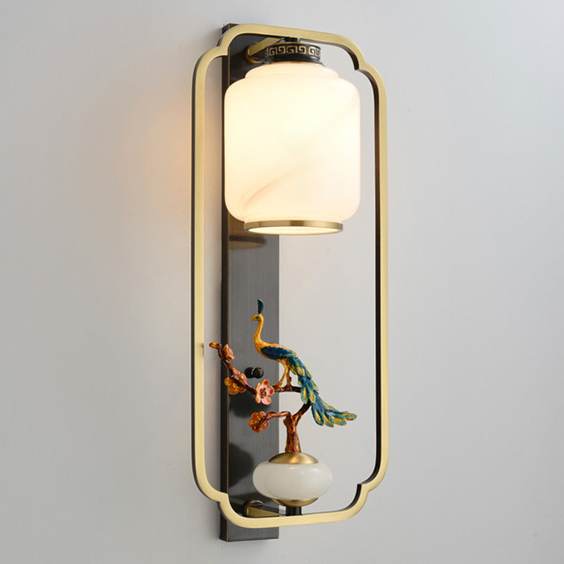 Traditional Chinese Copper Jade Glass Zinc Alloy Rectangular Cylinder Deer Plum Peacock 1-Light Wall Sconce Lamp For Hallway