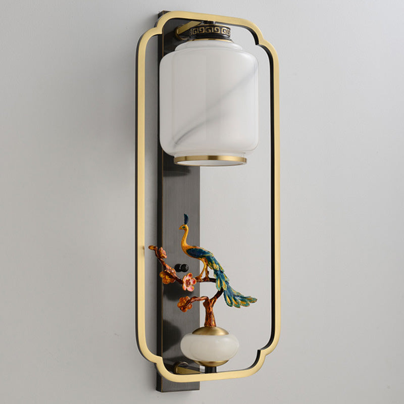 Traditional Chinese Copper Jade Glass Zinc Alloy Rectangular Cylinder Deer Plum Peacock 1-Light Wall Sconce Lamp For Hallway