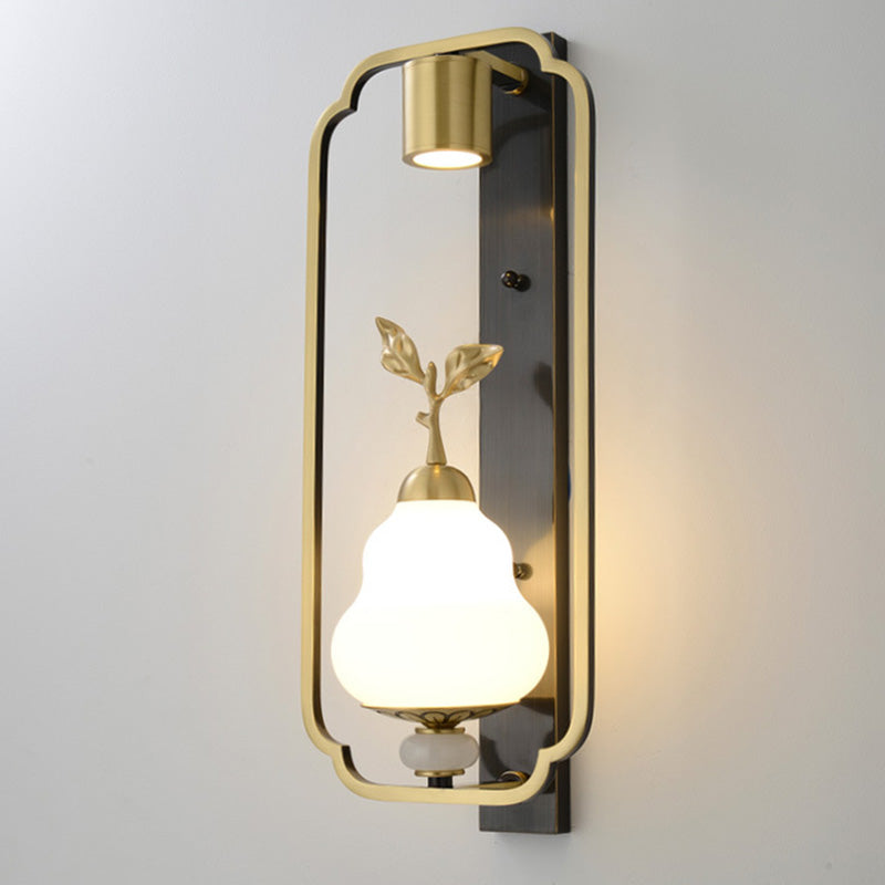 Traditional Chinese Copper Jade Glass Zinc Alloy Rectangular Cylinder Deer Plum Peacock 1-Light Wall Sconce Lamp For Hallway