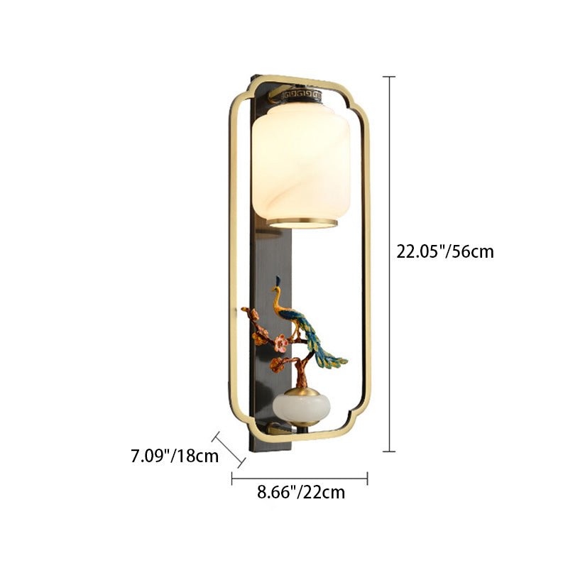Traditional Chinese Copper Jade Glass Zinc Alloy Rectangular Cylinder Deer Plum Peacock 1-Light Wall Sconce Lamp For Hallway