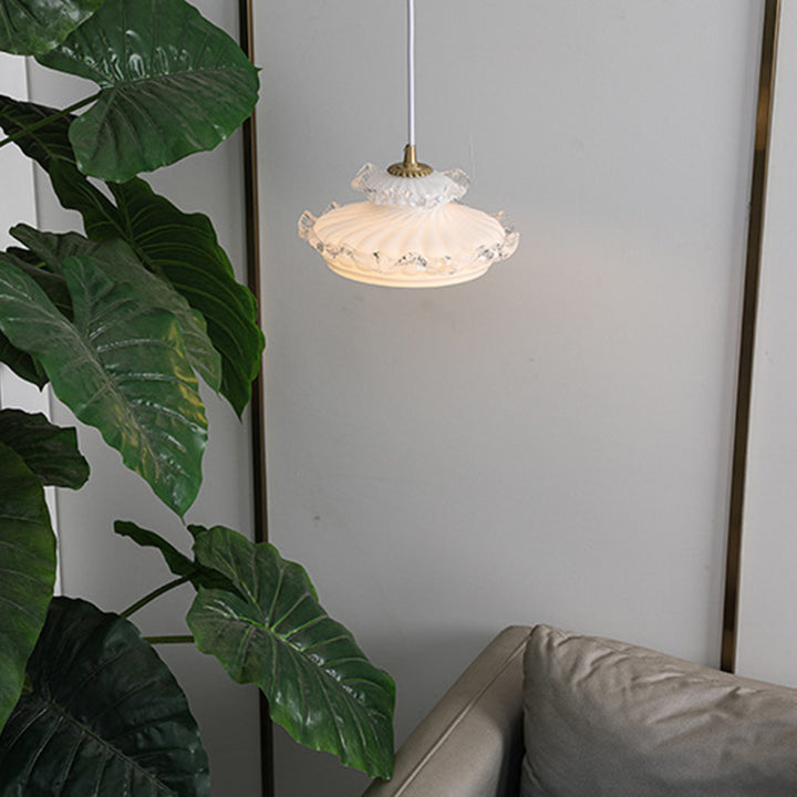 Suspension Luminaire Traditionnelle Française en Verre Cuivre Rond Floral à 1 Lumière pour Chambre 
