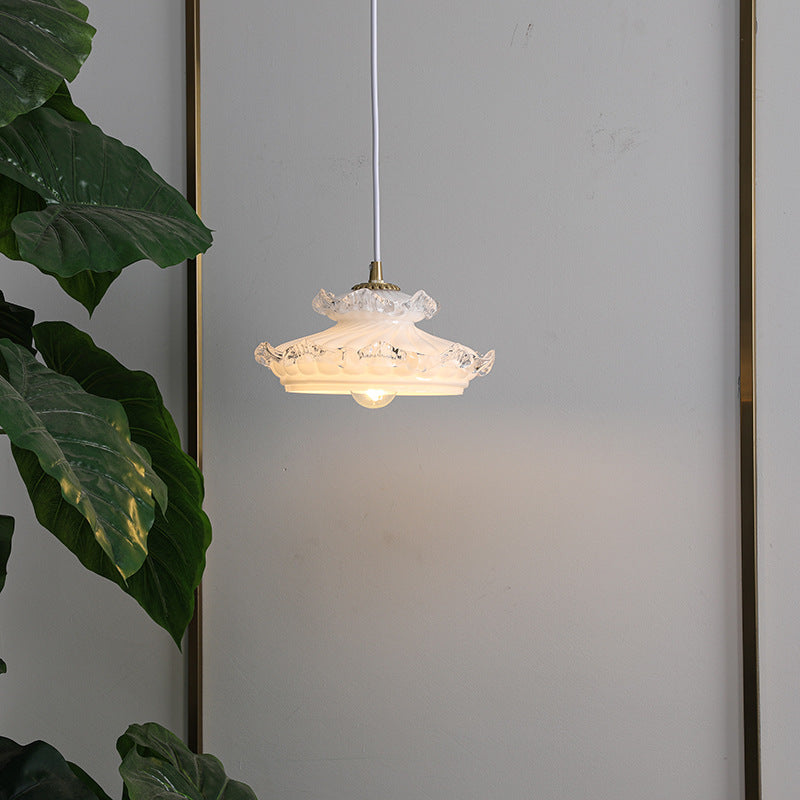 Suspension Luminaire Traditionnelle Française en Verre Cuivre Rond Floral à 1 Lumière pour Chambre 