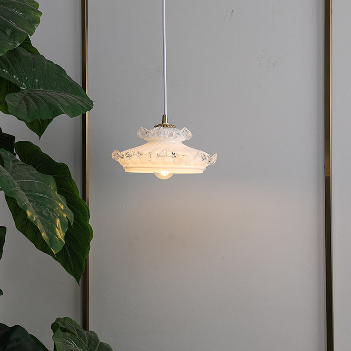 Suspension Luminaire Traditionnelle Française en Verre Cuivre Rond Floral à 1 Lumière pour Chambre 
