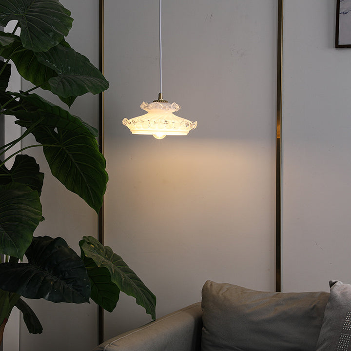 Suspension Luminaire Traditionnelle Française en Verre Cuivre Rond Floral à 1 Lumière pour Chambre 