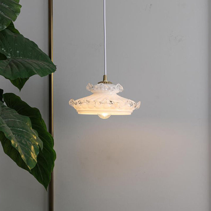 Suspension Luminaire Traditionnelle Française en Verre Cuivre Rond Floral à 1 Lumière pour Chambre 