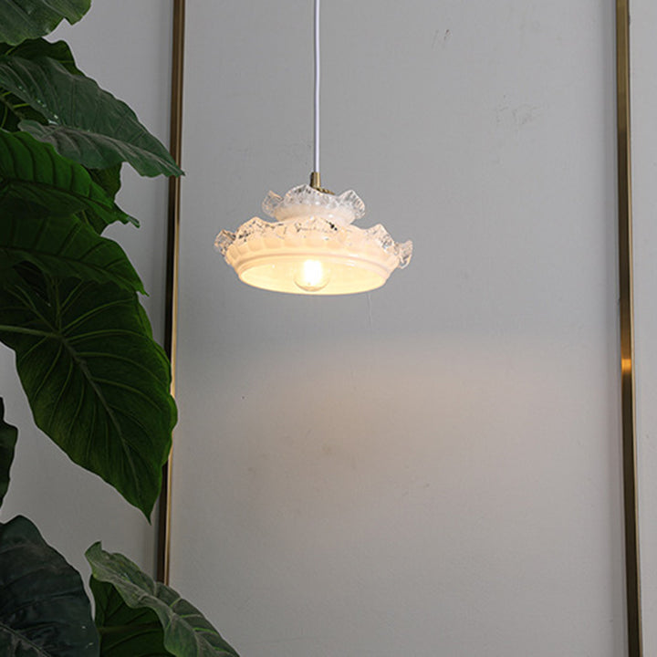 Suspension Luminaire Traditionnelle Française en Verre Cuivre Rond Floral à 1 Lumière pour Chambre 
