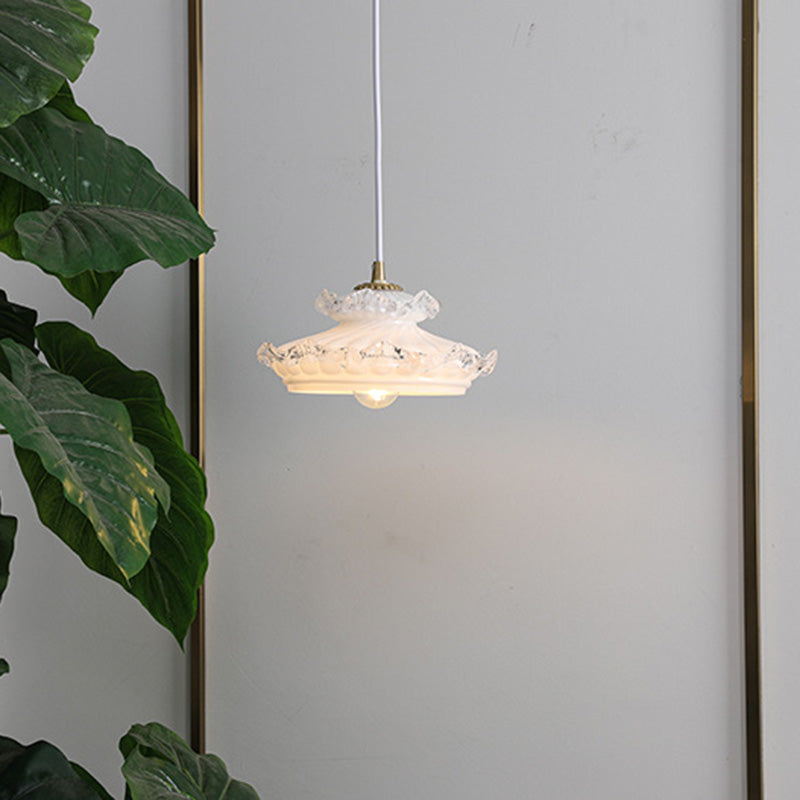 Suspension Luminaire Traditionnelle Française en Verre Cuivre Rond Floral à 1 Lumière pour Chambre 