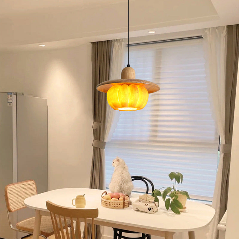 Lámpara colgante redonda de resina de madera japonesa tradicional de 1 luz para cocina 