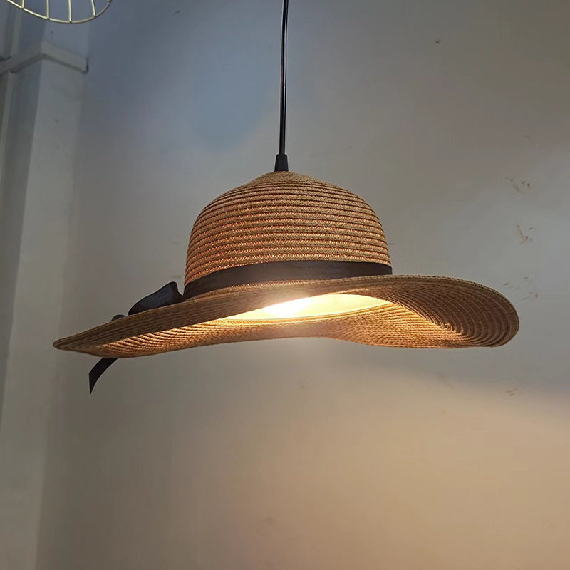 Contemporary Creative Straw Hat Rattan 1-Light Pendant Light For Dining Room
