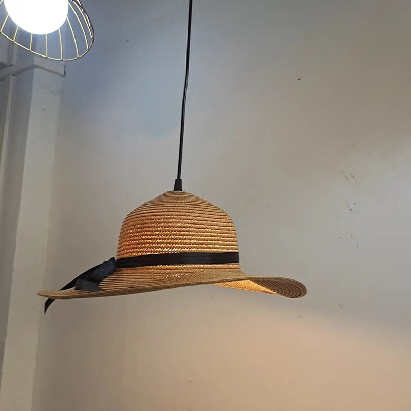Contemporary Creative Straw Hat Rattan 1-Light Pendant Light For Dining Room