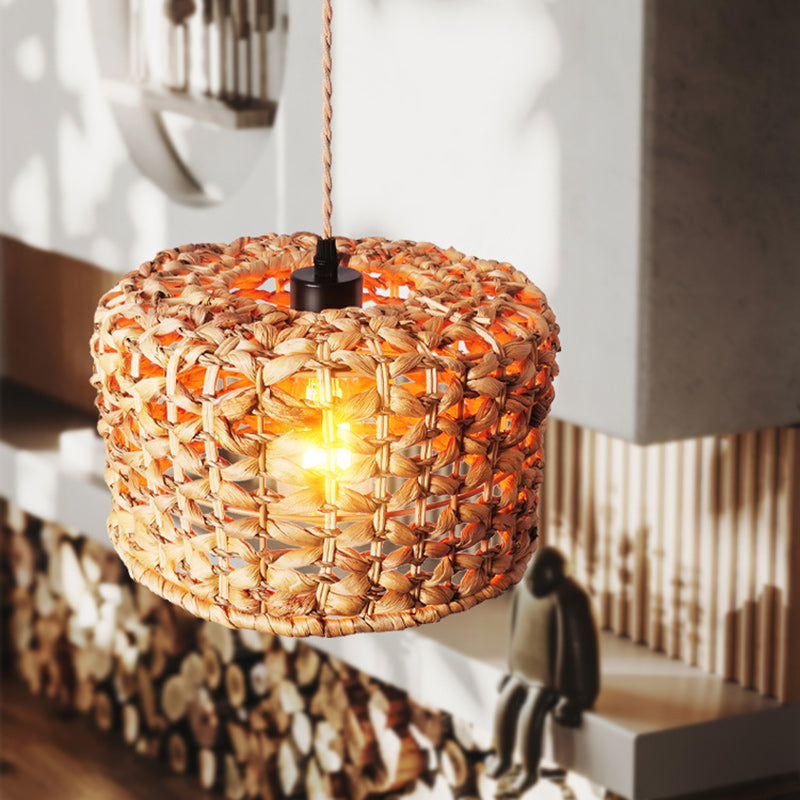 Traditionelle Bauernhaus Weben Rattan Runde Zylinder 1-Licht Pendelleuchte für Esszimmer 