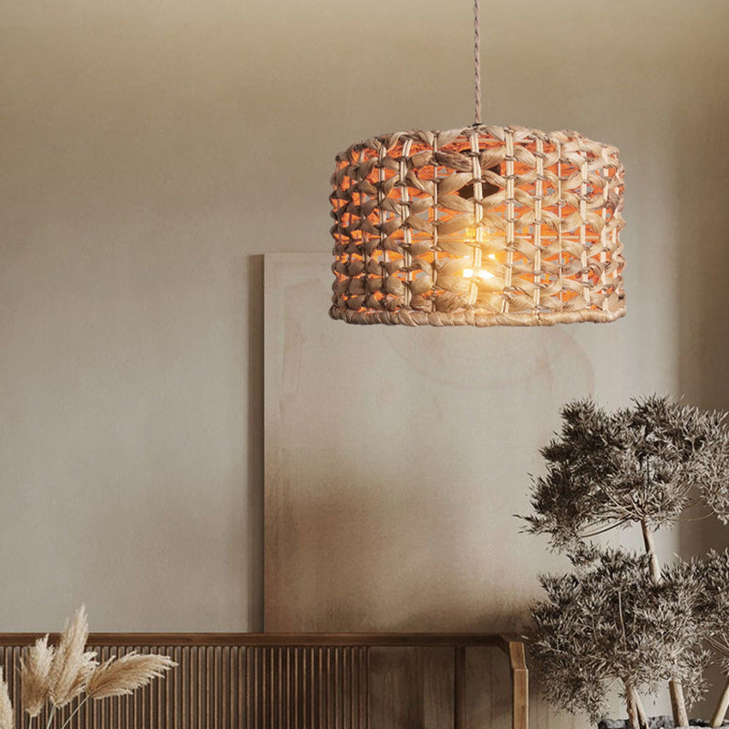 Traditionelle Bauernhaus Weben Rattan Runde Zylinder 1-Licht Pendelleuchte für Esszimmer 