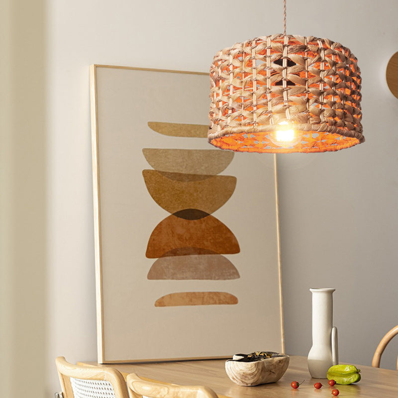 Traditionelle Bauernhaus Weben Rattan Runde Zylinder 1-Licht Pendelleuchte für Esszimmer 