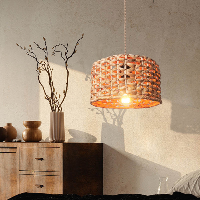 Traditionelle Bauernhaus Weben Rattan Runde Zylinder 1-Licht Pendelleuchte für Esszimmer 