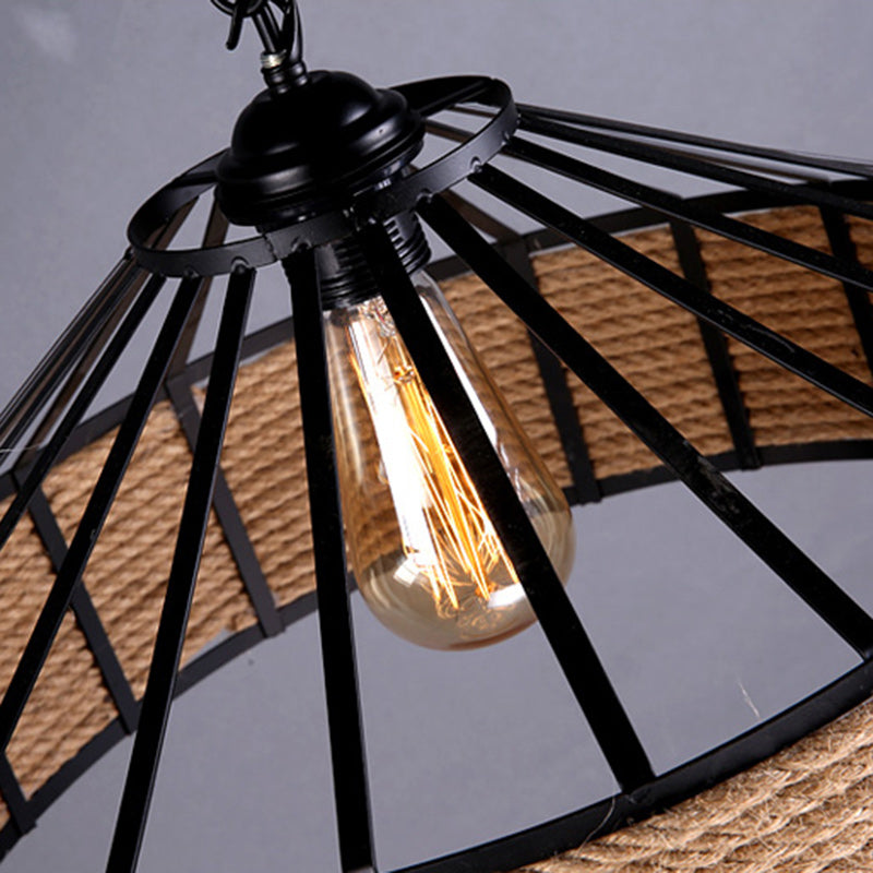 Suspension contemporaine industrielle en fer avec corde de chanvre ronde conique à 1 lumière pour salle à manger 