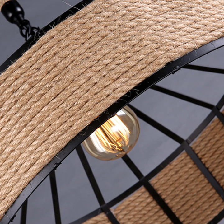 Suspension contemporaine industrielle en fer avec corde de chanvre ronde conique à 1 lumière pour salle à manger 