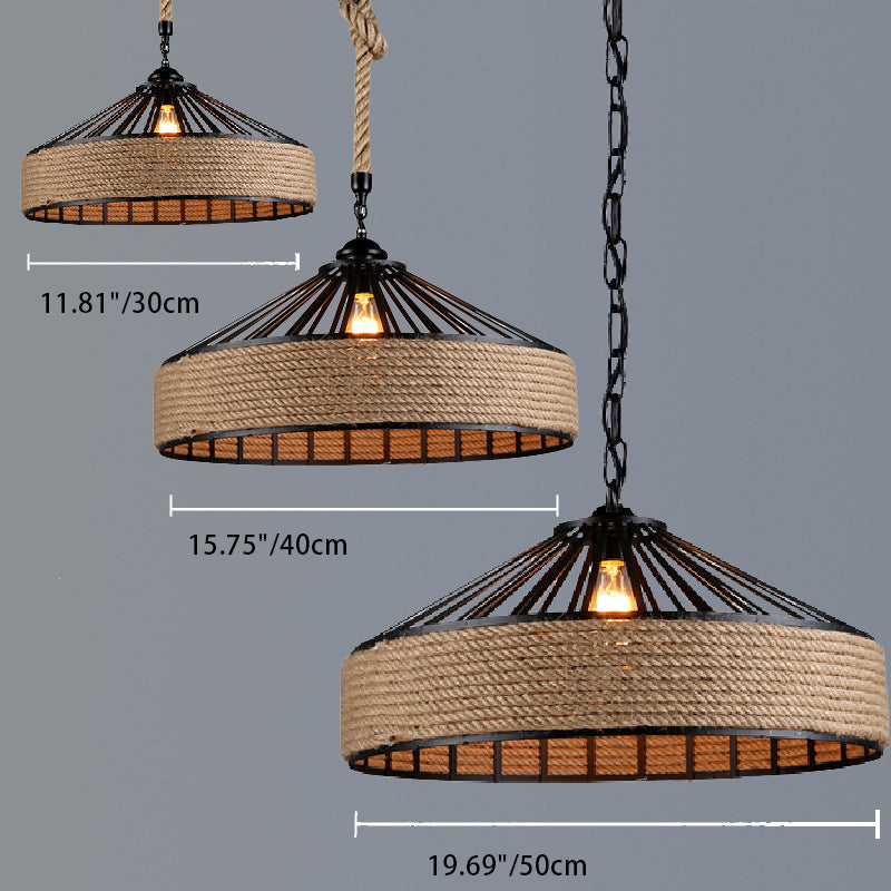 Suspension contemporaine industrielle en fer avec corde de chanvre ronde conique à 1 lumière pour salle à manger 
