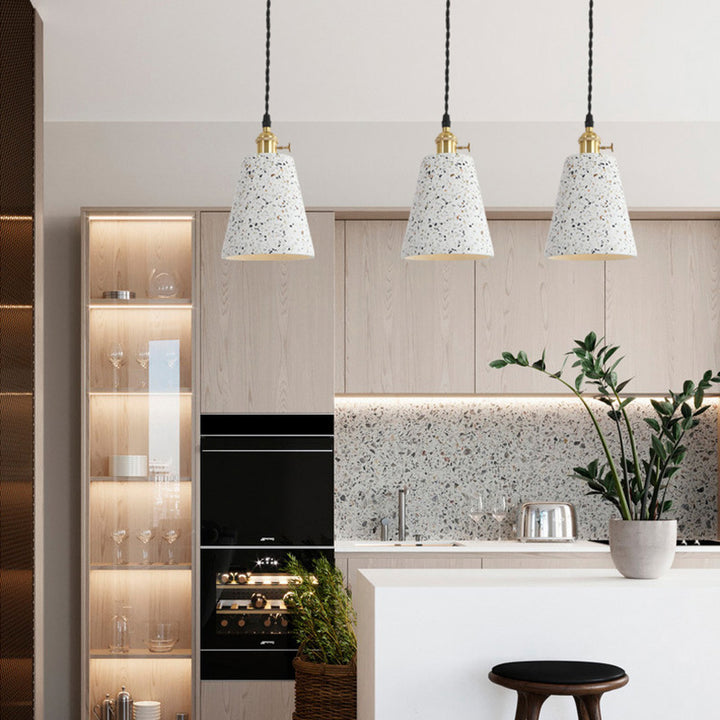 Lámpara colgante de 1 luz contemporánea nórdica de terrazo de latón cilíndrico redondo cónico para comedor 