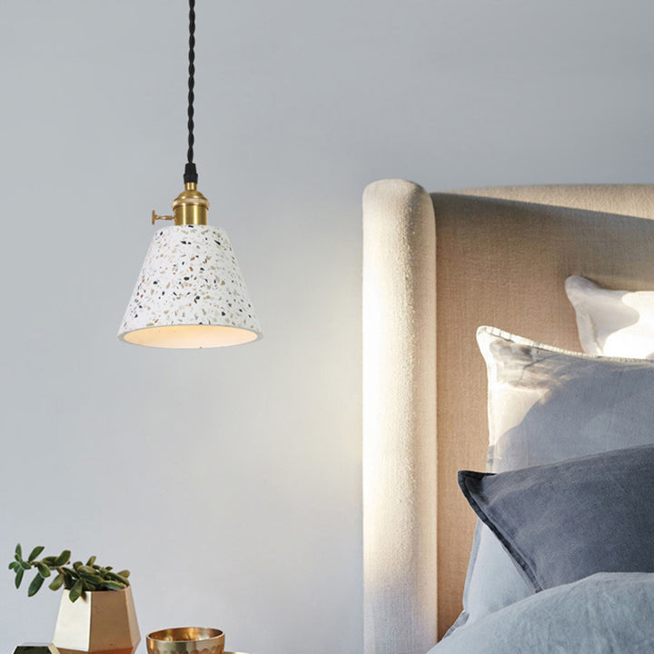Lámpara colgante de 1 luz contemporánea nórdica de terrazo de latón cilíndrico redondo cónico para comedor 
