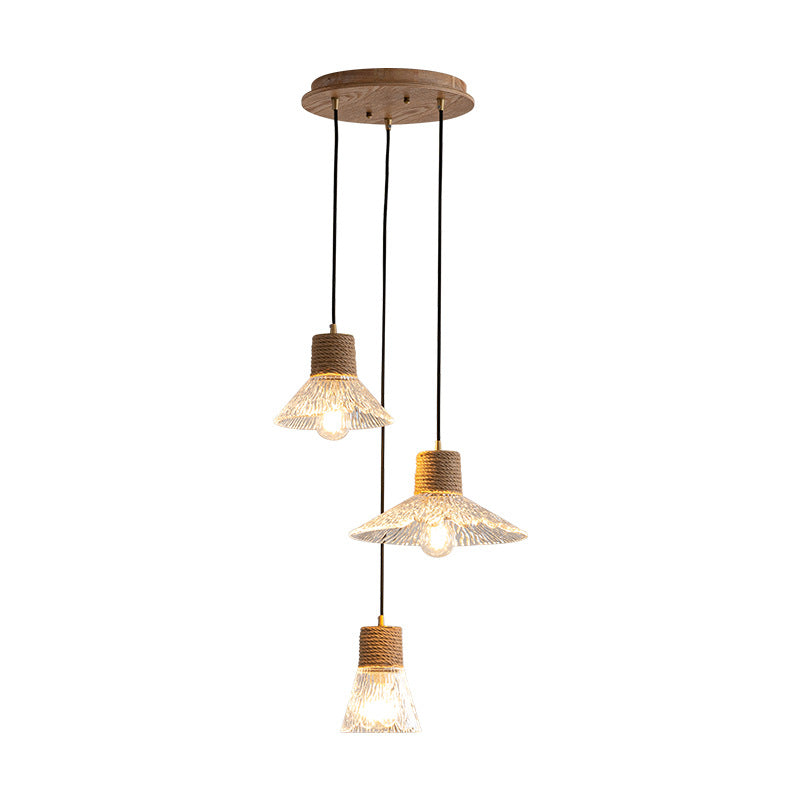 Suspension Luminaire Conique Ondulé en Cuivre, Bois, Verre et Corde de Chanvre Traditionnel Japonais 1/3 Lumière pour Salle à Manger 