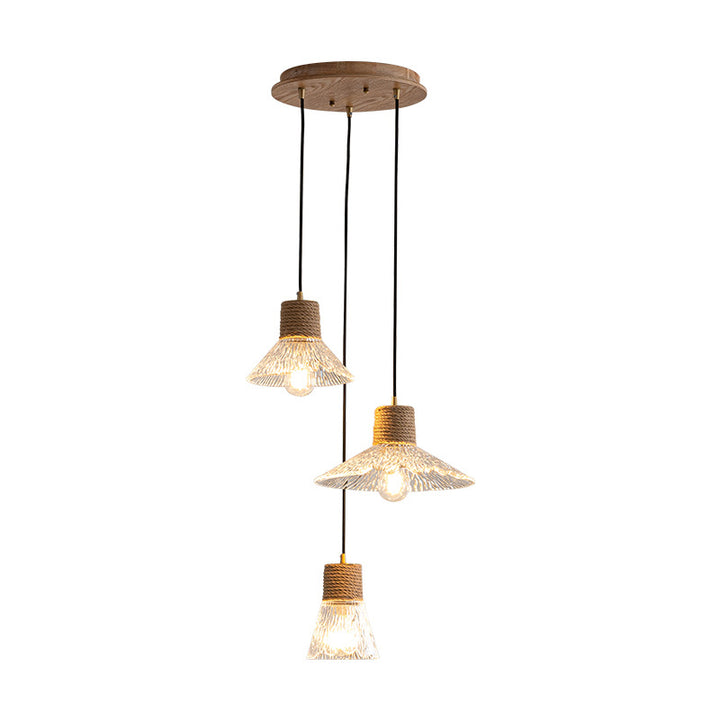 Suspension Luminaire Conique Ondulé en Cuivre, Bois, Verre et Corde de Chanvre Traditionnel Japonais 1/3 Lumière pour Salle à Manger 