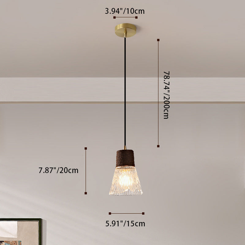 Suspension Luminaire Conique Ondulé en Cuivre, Bois, Verre et Corde de Chanvre Traditionnel Japonais 1/3 Lumière pour Salle à Manger 