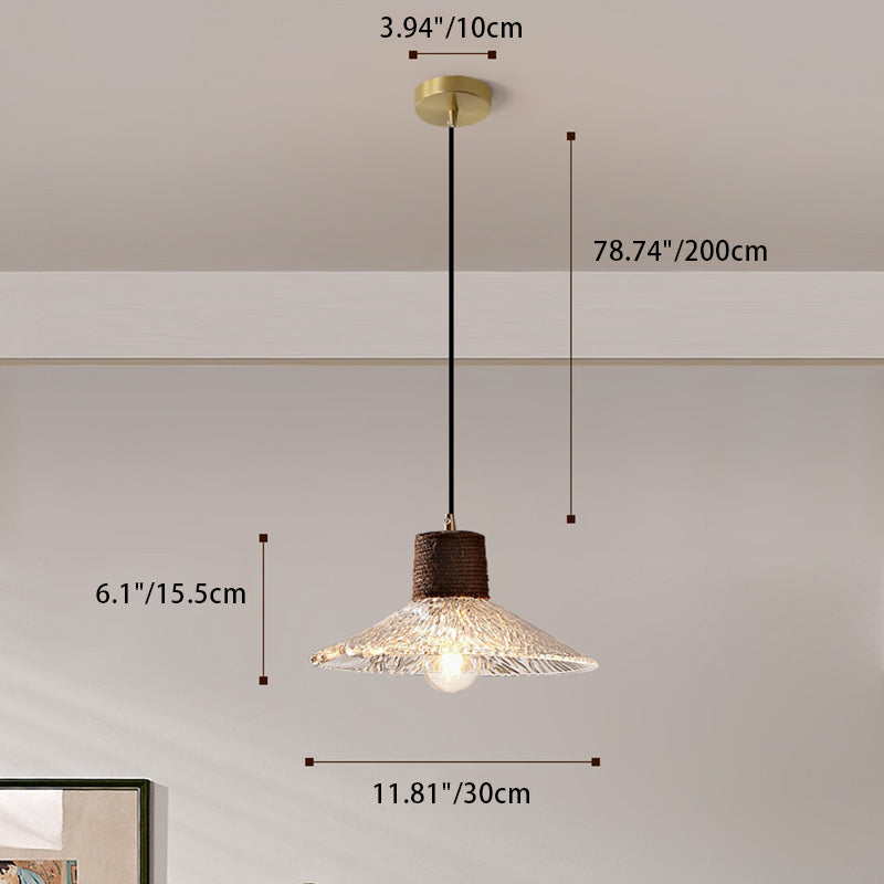 Suspension Luminaire Conique Ondulé en Cuivre, Bois, Verre et Corde de Chanvre Traditionnel Japonais 1/3 Lumière pour Salle à Manger 