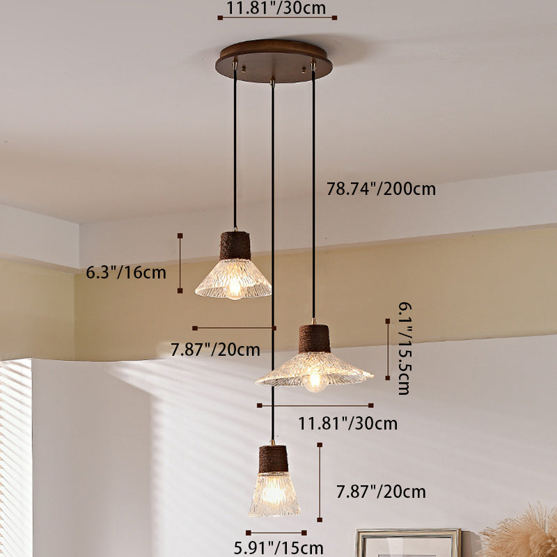 Suspension Luminaire Conique Ondulé en Cuivre, Bois, Verre et Corde de Chanvre Traditionnel Japonais 1/3 Lumière pour Salle à Manger 