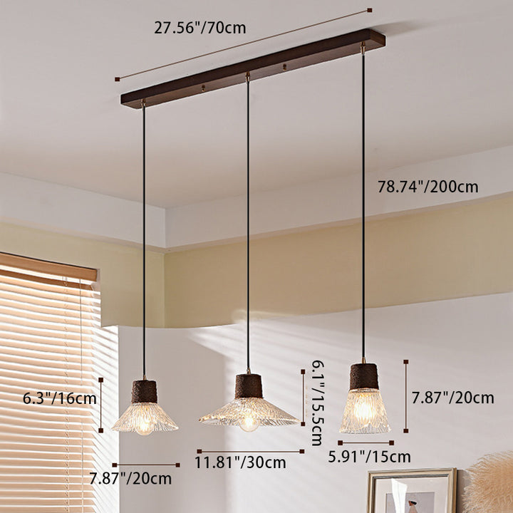 Suspension Luminaire Conique Ondulé en Cuivre, Bois, Verre et Corde de Chanvre Traditionnel Japonais 1/3 Lumière pour Salle à Manger 