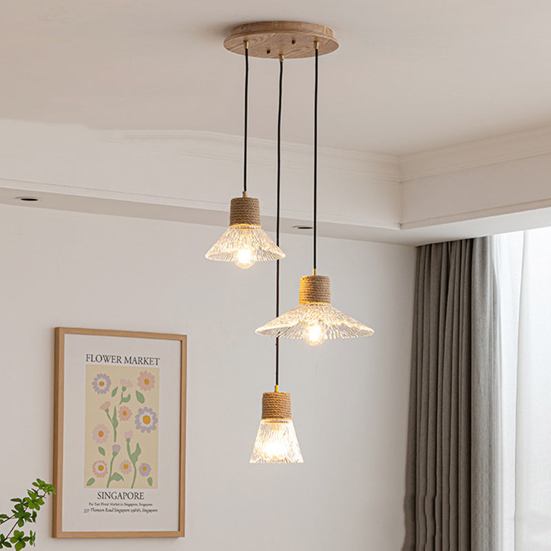 Suspension Luminaire Conique Ondulé en Cuivre, Bois, Verre et Corde de Chanvre Traditionnel Japonais 1/3 Lumière pour Salle à Manger 