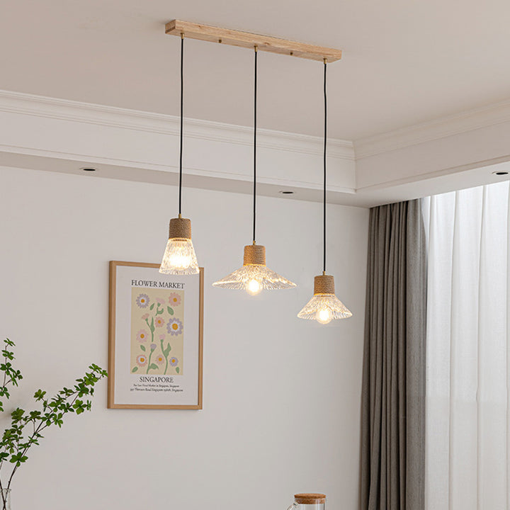 Suspension Luminaire Conique Ondulé en Cuivre, Bois, Verre et Corde de Chanvre Traditionnel Japonais 1/3 Lumière pour Salle à Manger 