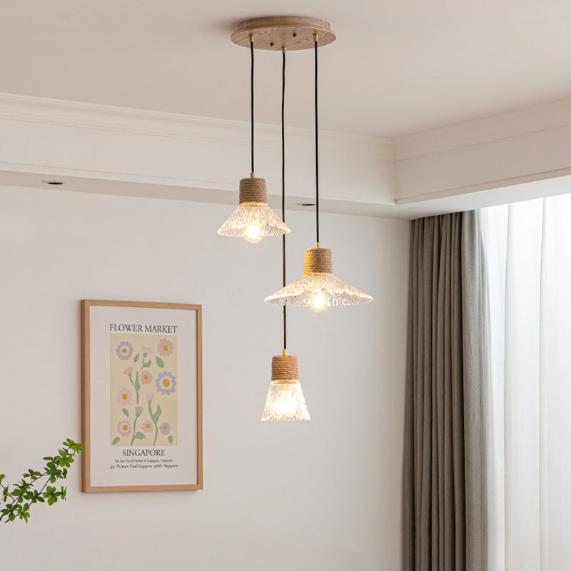 Suspension Luminaire Conique Ondulé en Cuivre, Bois, Verre et Corde de Chanvre Traditionnel Japonais 1/3 Lumière pour Salle à Manger 