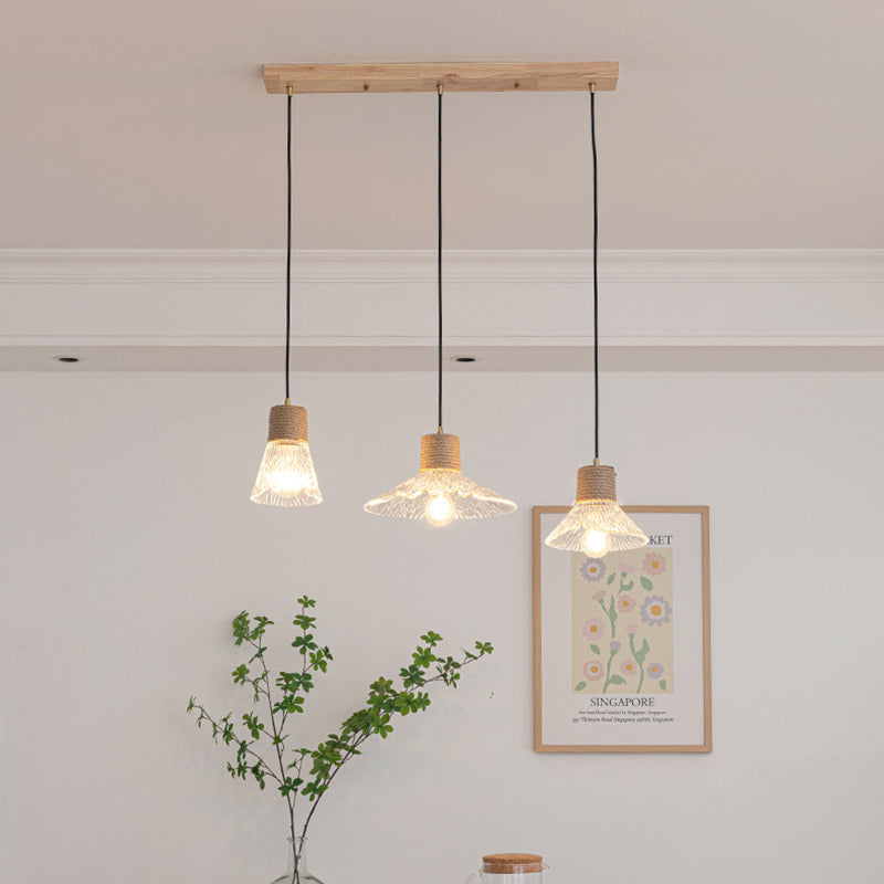 Suspension Luminaire Conique Ondulé en Cuivre, Bois, Verre et Corde de Chanvre Traditionnel Japonais 1/3 Lumière pour Salle à Manger 