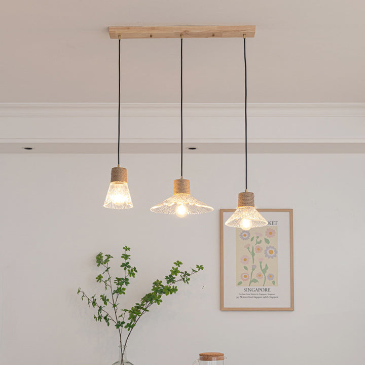 Suspension Luminaire Conique Ondulé en Cuivre, Bois, Verre et Corde de Chanvre Traditionnel Japonais 1/3 Lumière pour Salle à Manger 