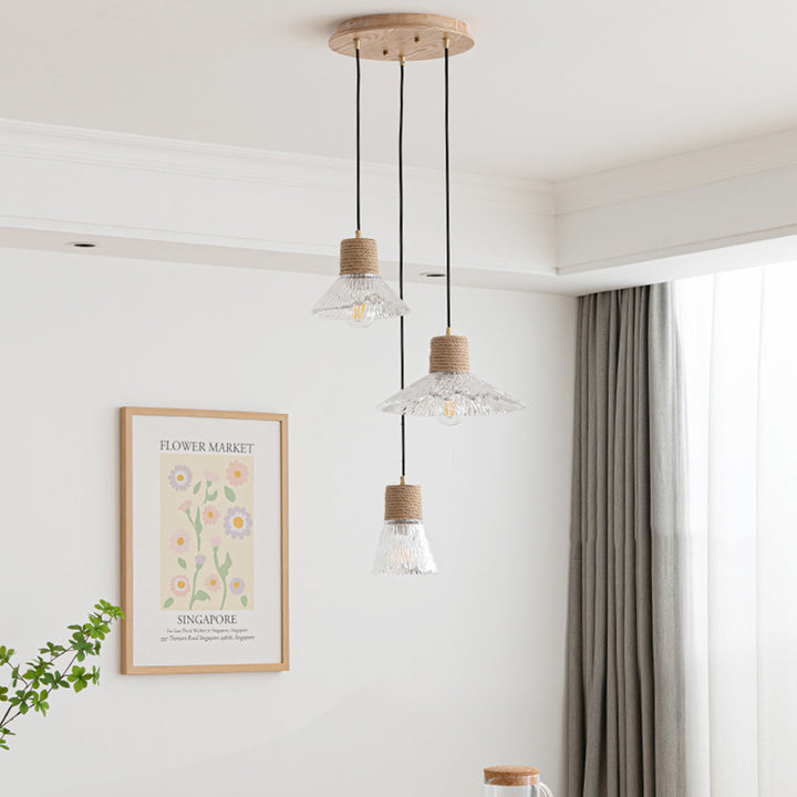 Suspension Luminaire Conique Ondulé en Cuivre, Bois, Verre et Corde de Chanvre Traditionnel Japonais 1/3 Lumière pour Salle à Manger 