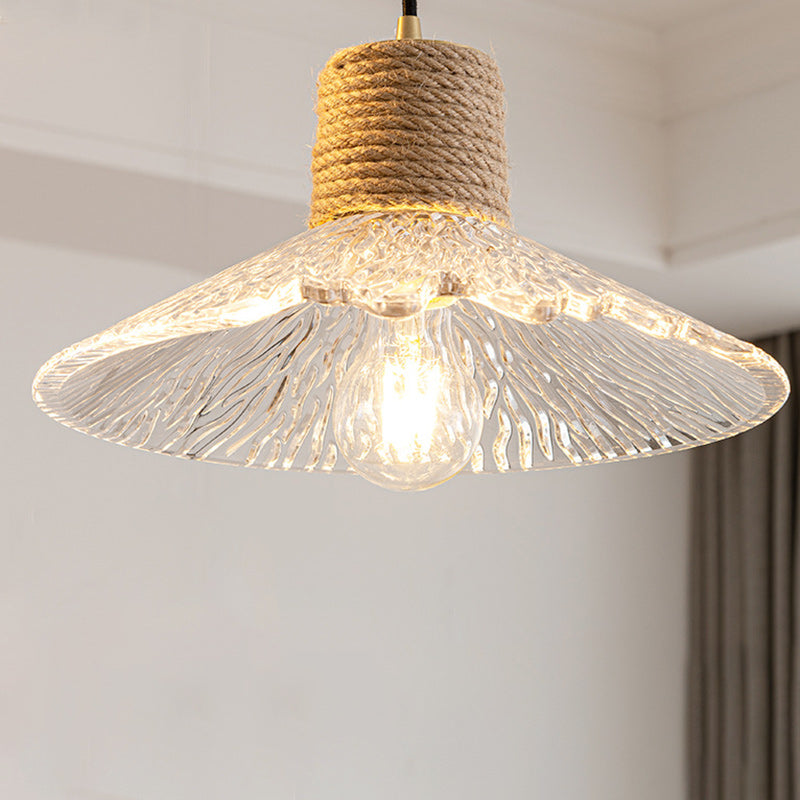 Suspension Luminaire Conique Ondulé en Cuivre, Bois, Verre et Corde de Chanvre Traditionnel Japonais 1/3 Lumière pour Salle à Manger 